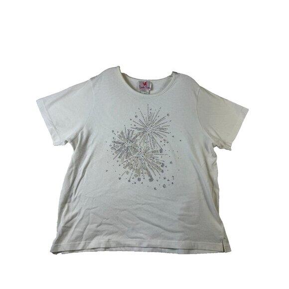 Quacker Factory T-Shirt Womens 2X White Fireworks Sequin Beaded Cotton Crew Neck - Picture 1 of 7